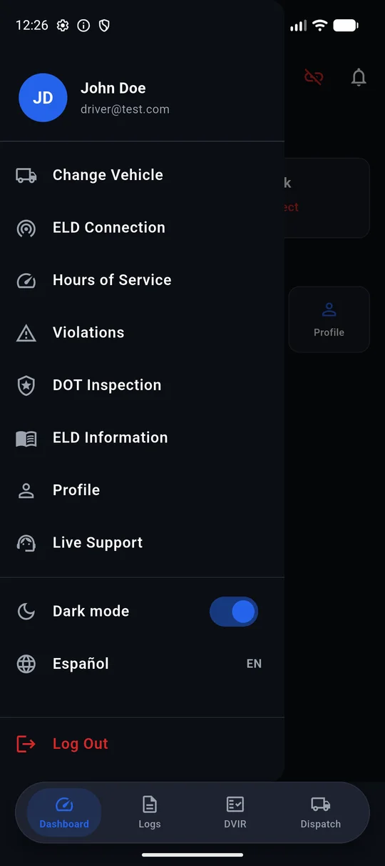 Eldify driver app navigation menu