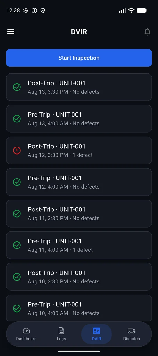 Eldify driver app DVIR inspection history