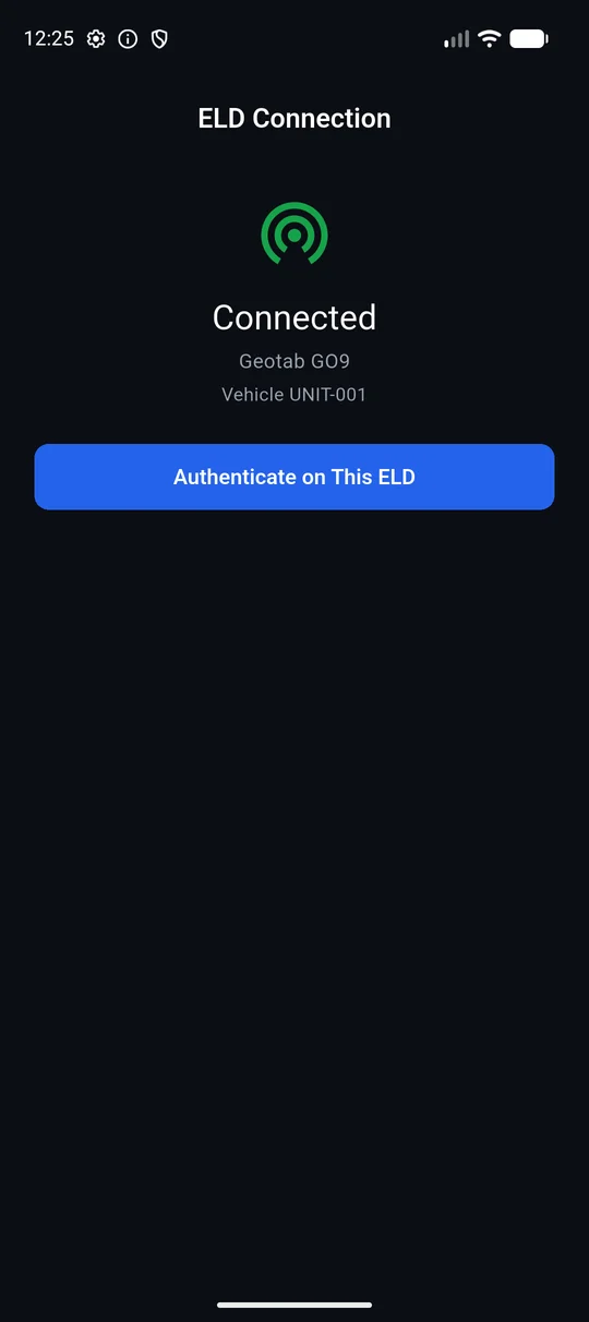 Eldify app connected to a Geotab GO9 ELD device