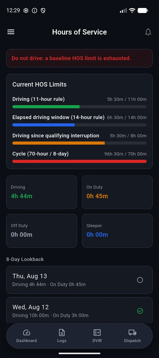 Eldify driver app Hours of Service gauges