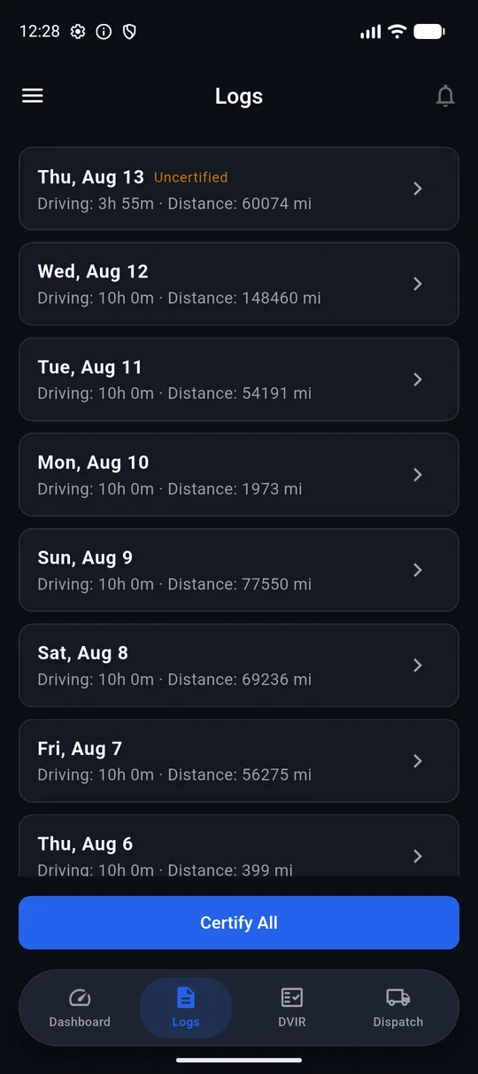 Eldify driver app daily duty status log list