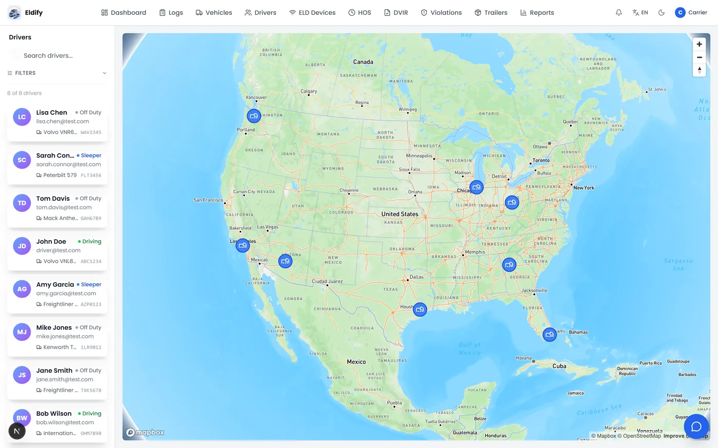 Eldify carrier dashboard showing a live fleet map and driver list