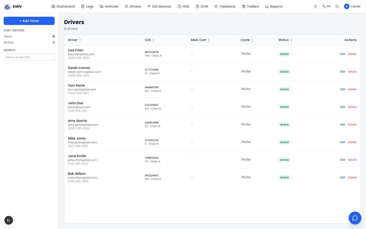 Eldify driver roster with CDL and cycle rule