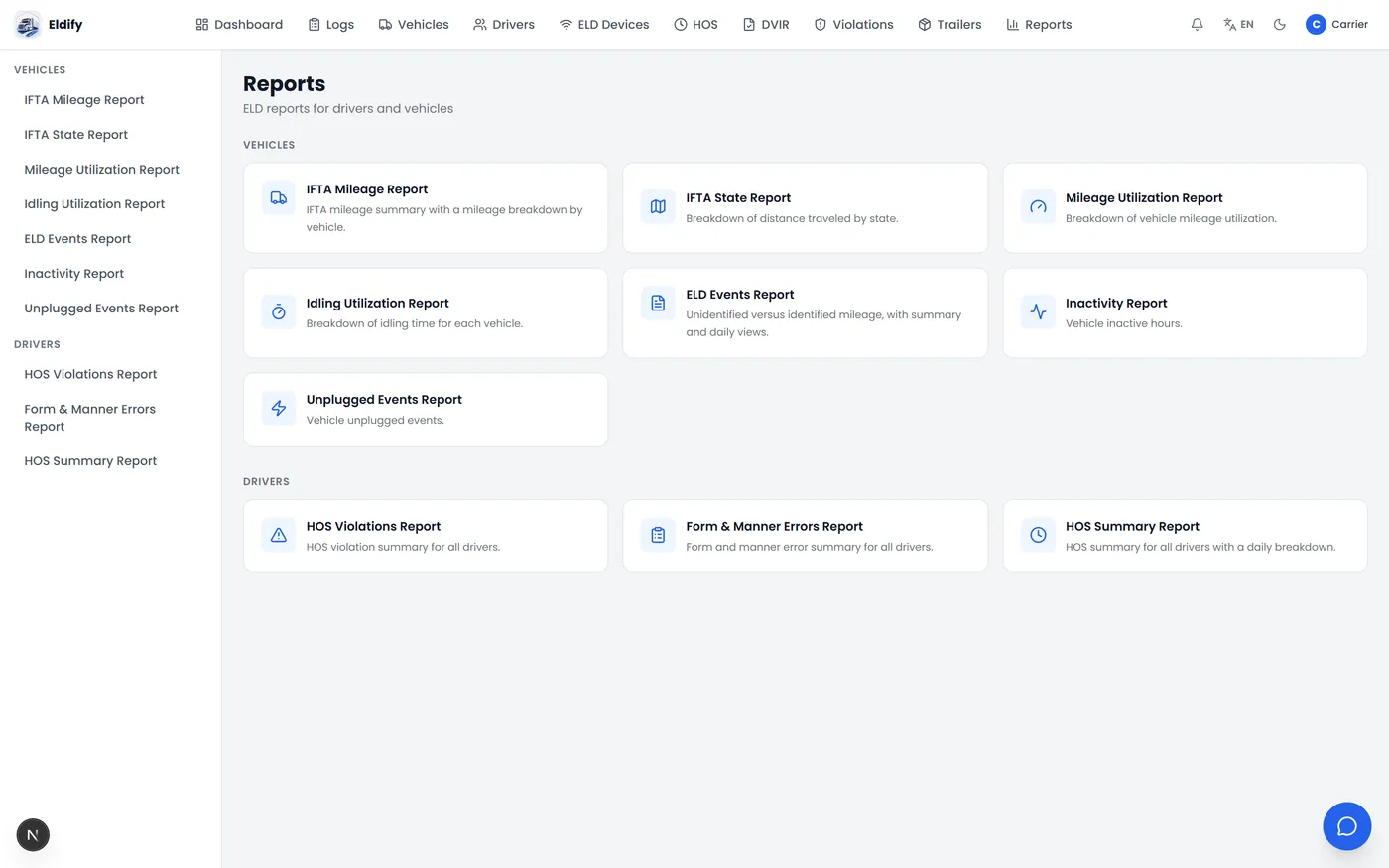 Eldify reports library for vehicles and drivers